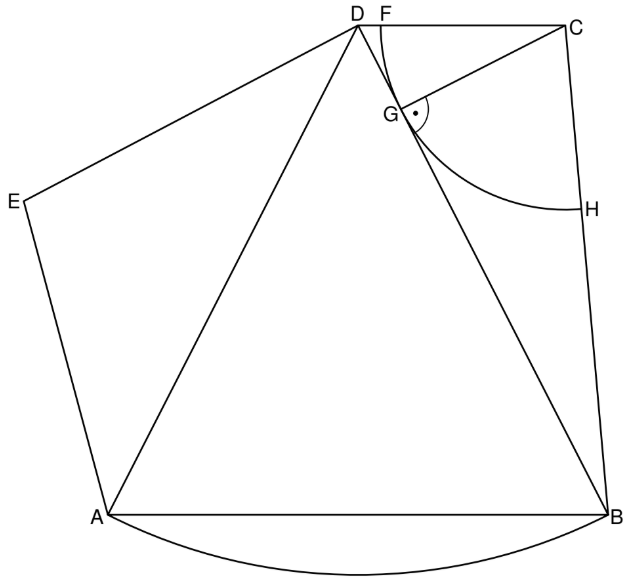 Geometrische Skizze mit beschrifteten Punkten A–H, verbundenen Linien, Dreiecken und zwei Kreisbögen.